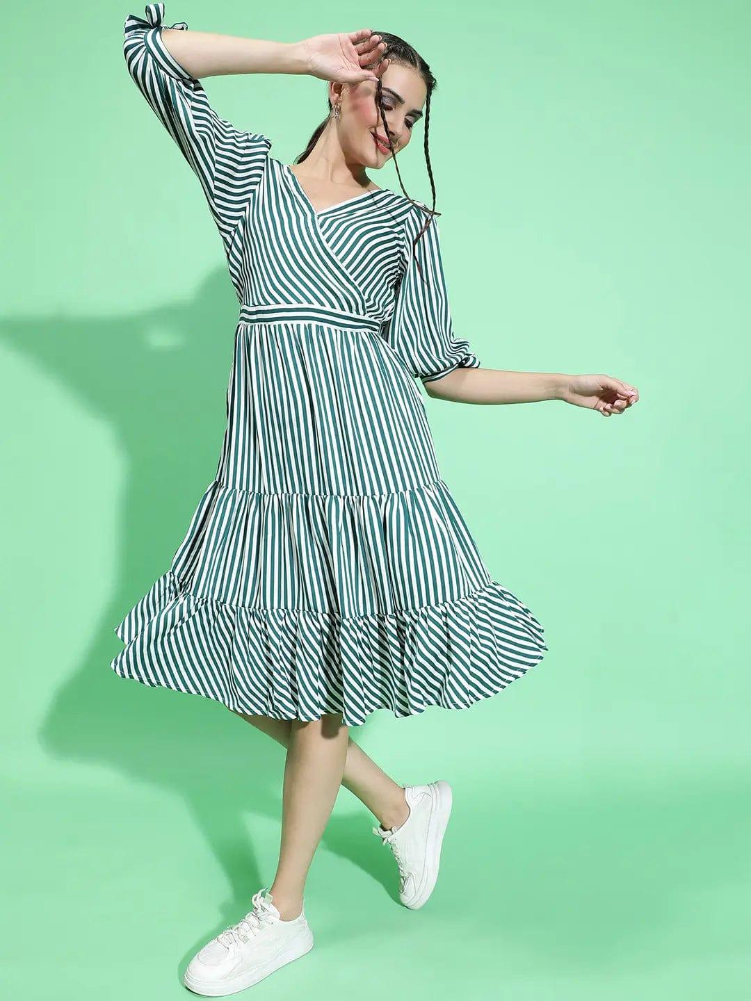 All Green Stripe Print Women Knee Length women Dress