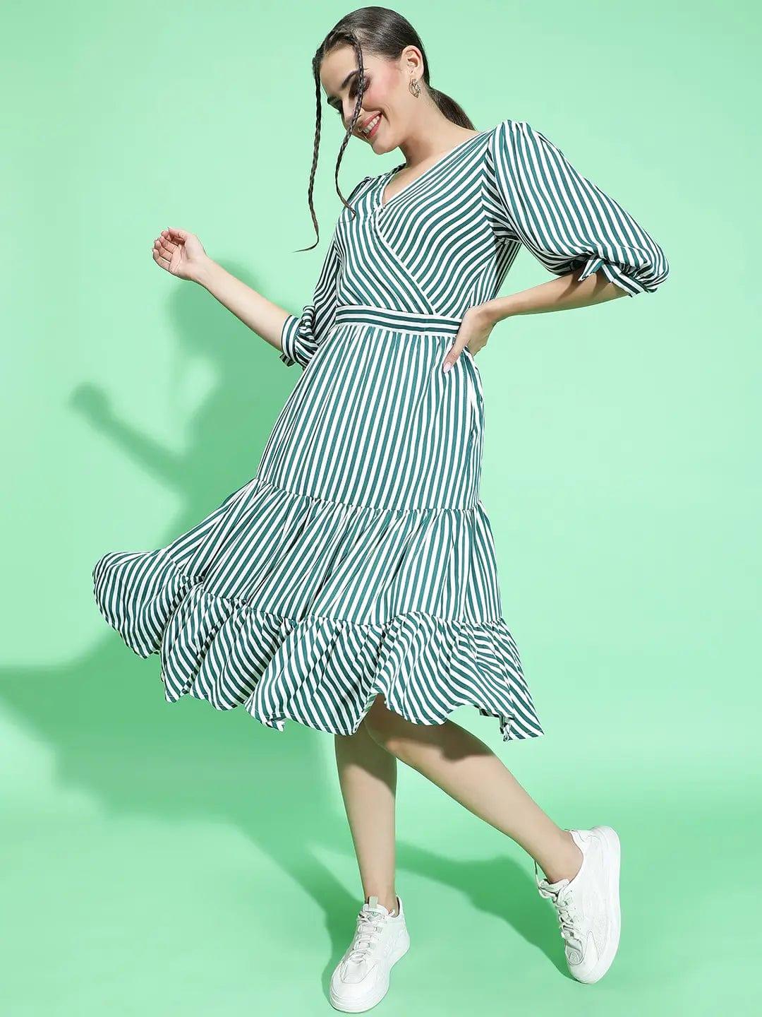 All Green Stripe Print Women Knee Length women Dress