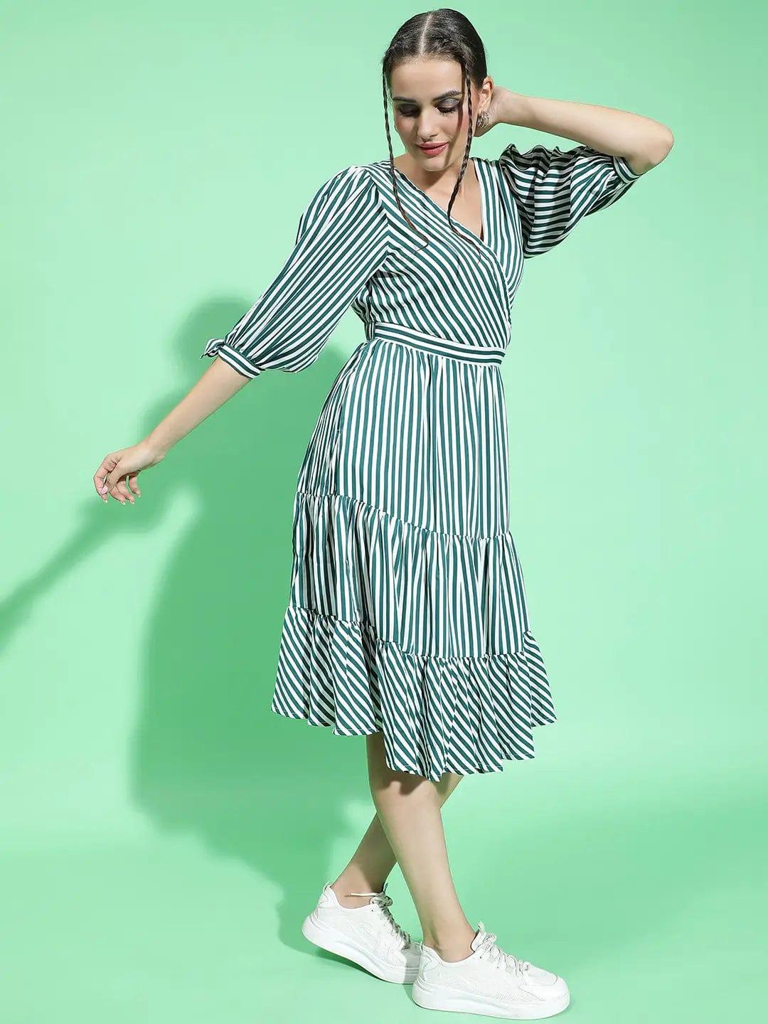 All Green Stripe Print Women Knee Length women Dress