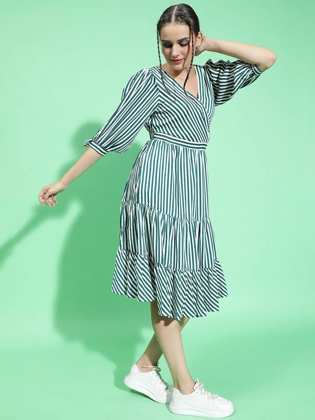 All Green Stripe Print Women Knee Length women Dress