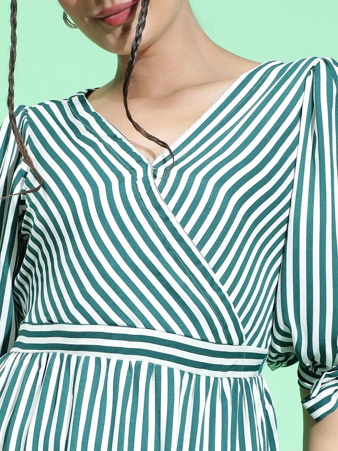 All Green Stripe Print Women Knee Length women Dress