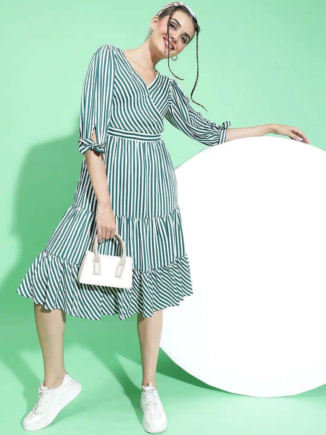 All Green Stripe Print Women Knee Length women Dress