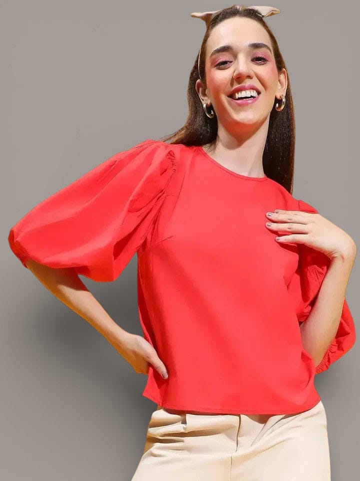 Red Cotton Puff Sleeve Top - Women's Casual Crop Top With Romantic 3/4 Sleeves
