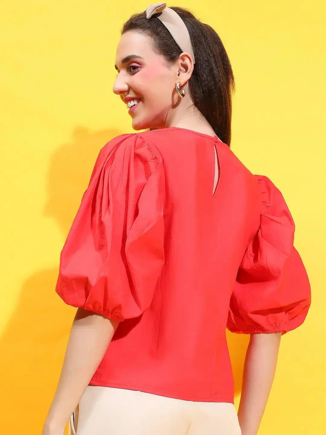 Scarlet Red Charm Round Puff Sleeve Women Cotton Top - oxolloxo