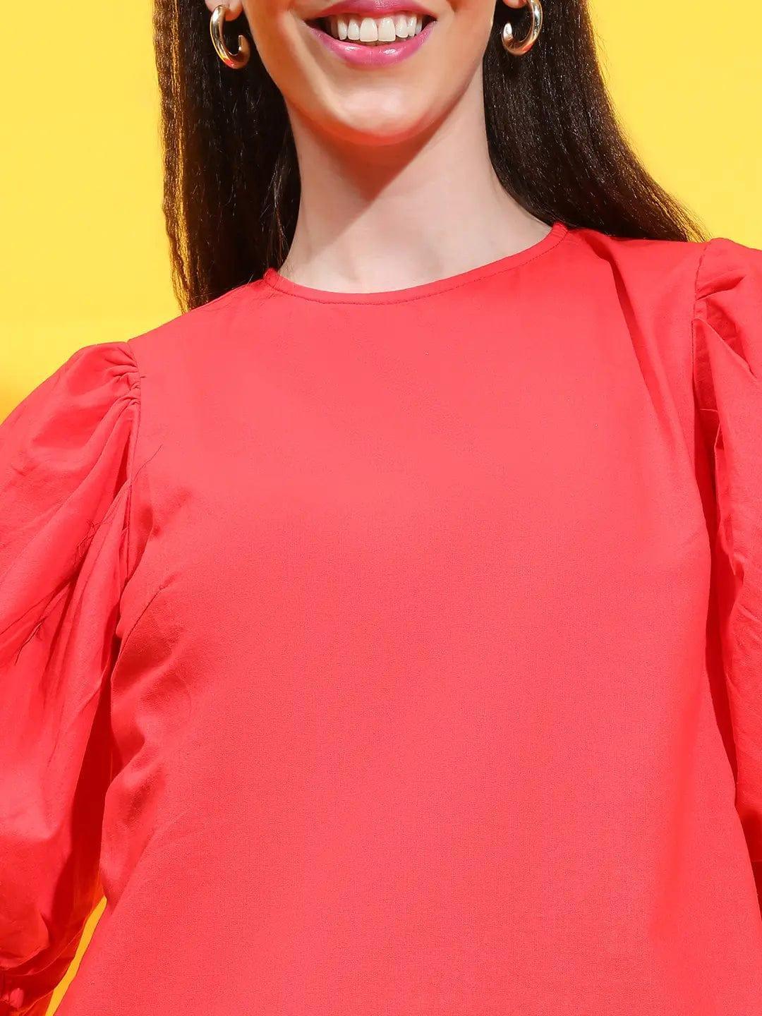 Scarlet Red Charm Round Puff Sleeve Women Cotton Top - oxolloxo