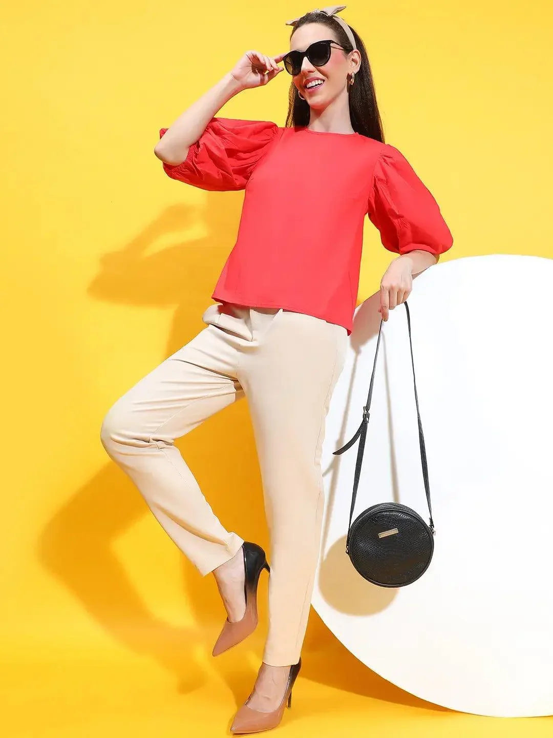 Scarlet Red Charm Round Puff Sleeve Women Cotton Top - oxolloxo