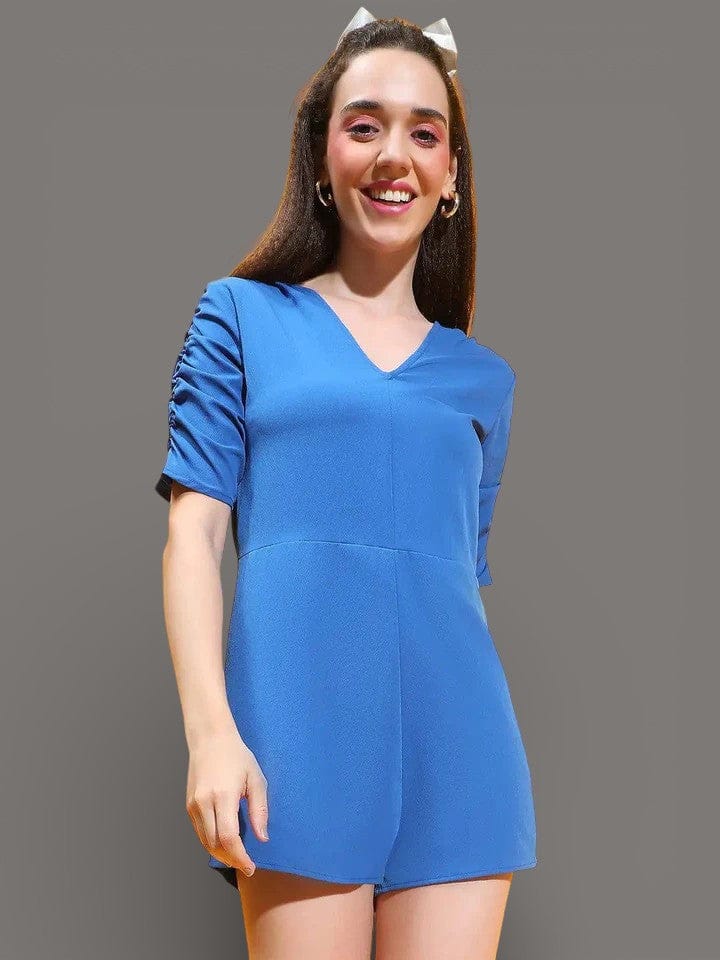 Azure Blue Allure Pleated Short Sleeve Women Playsuit