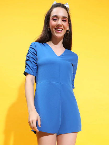 Azure Blue Allure Pleated Short Sleeve Women Playsuit