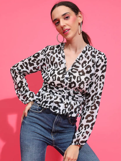 Wild Black Noir Animal Print Button-Down Elasticated Top