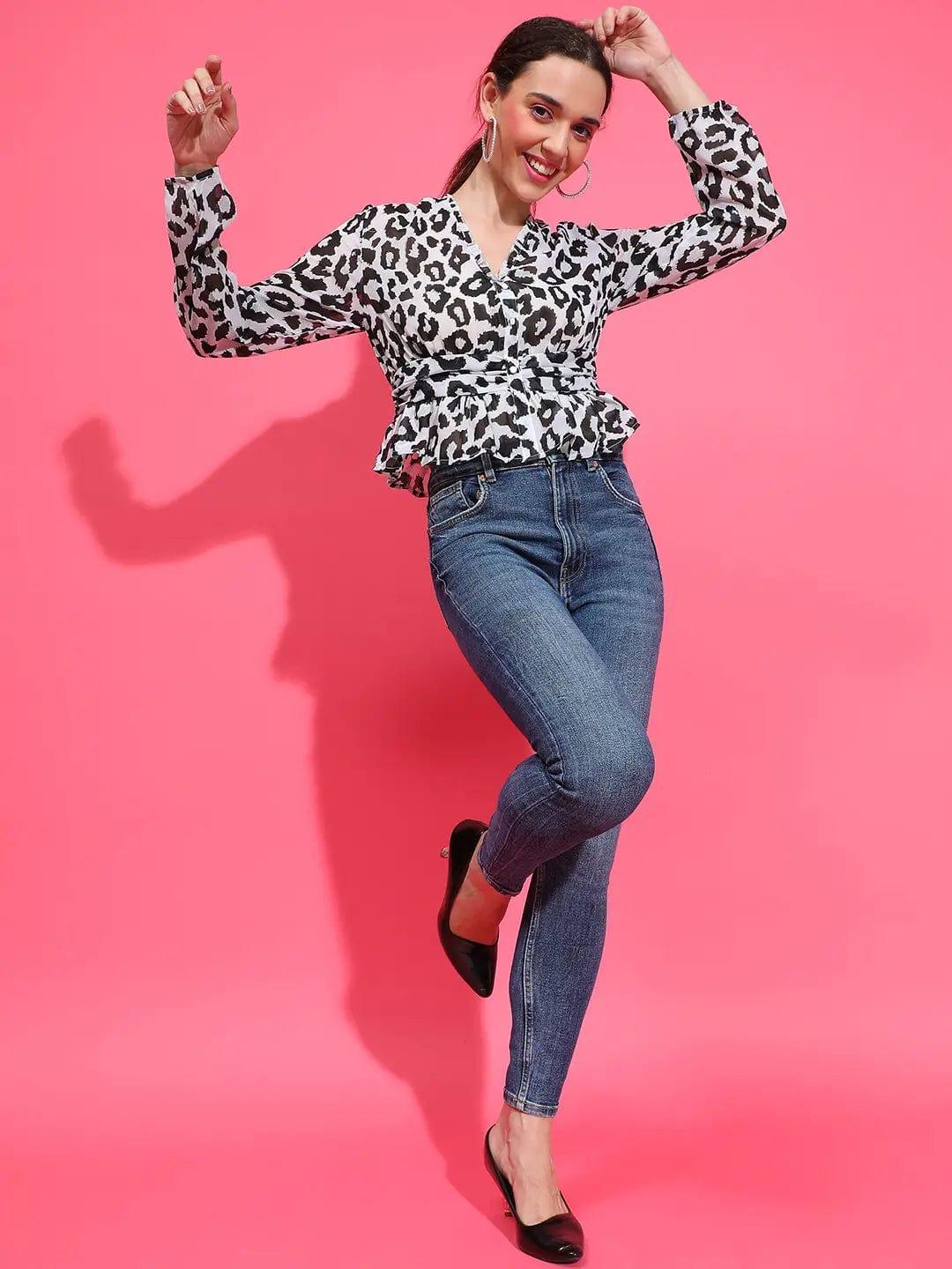 Wild Black Noir Animal Print Button-Down Elasticated Top - oxolloxo