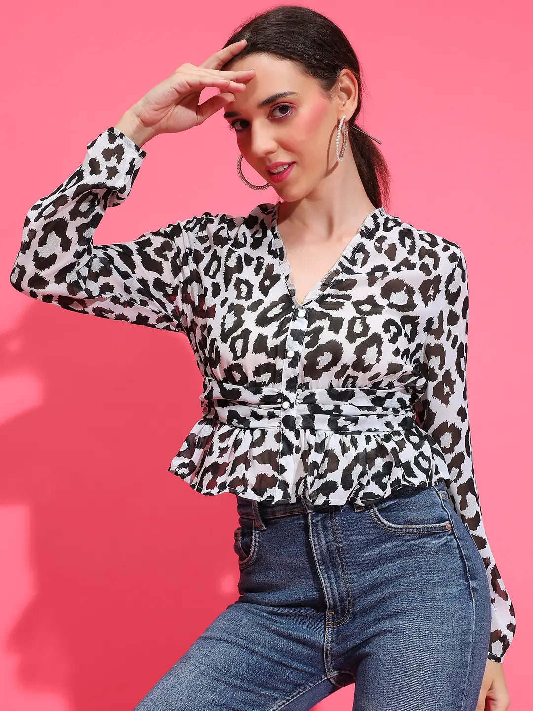 Wild Black Noir Animal Print Button-Down Elasticated Top