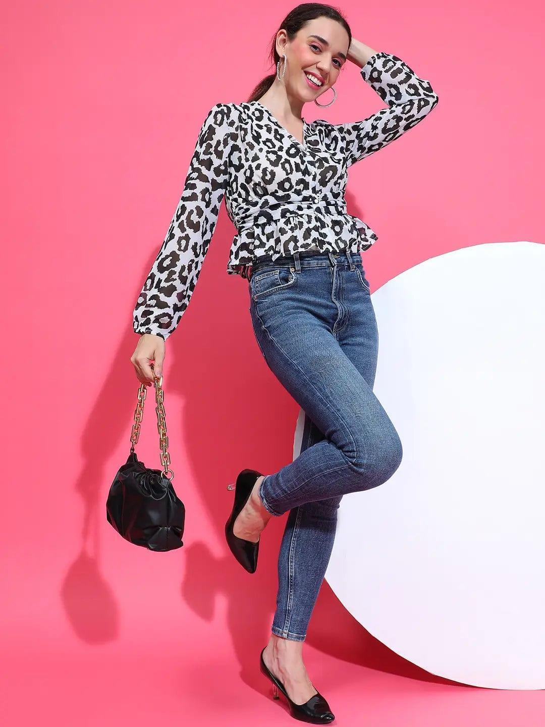 Wild Black Noir Animal Print Button-Down Elasticated Top - oxolloxo
