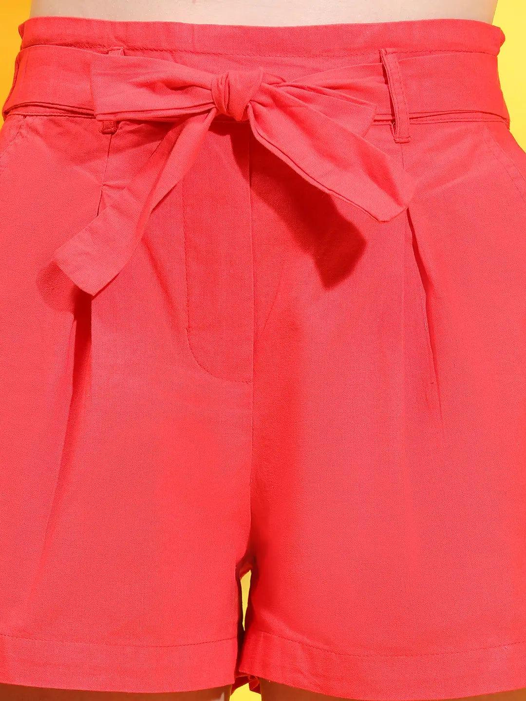 Mega Red Elasticated Waist With Tie-Knot Belt Cotton Shorts