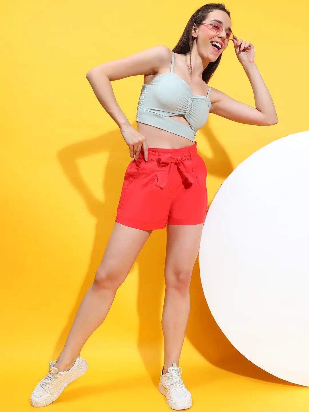 Mega Red Elasticated Waist With Tie-Knot Belt Cotton Shorts