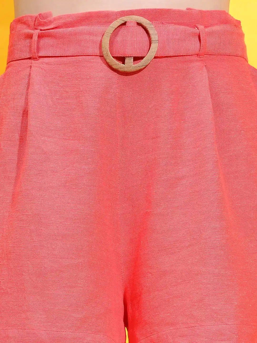 Amp Red Elasticated Waist With Buckle Belt Cotton Women Shorts