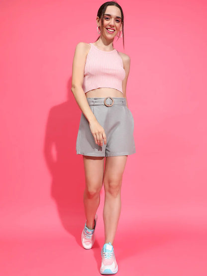 Solid Grey Elasticated Waist With Buckle Belt Cotton Shorts