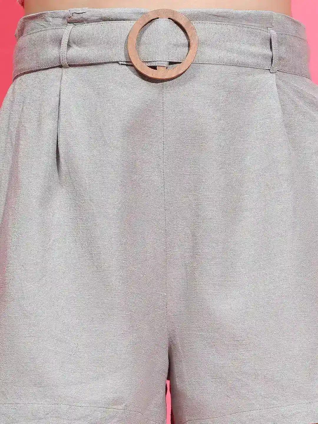 Solid Grey Elasticated Waist With Buckle Belt Cotton Shorts