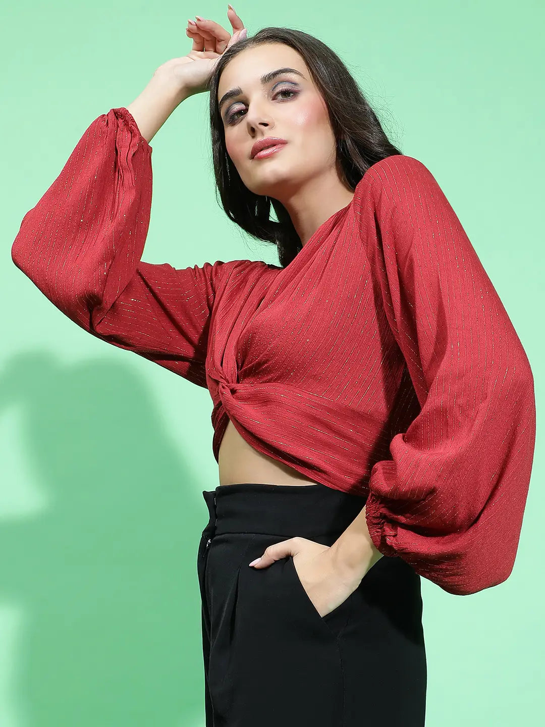 Brick Red Long Sleeve Twist Knot Glittery Crop Top