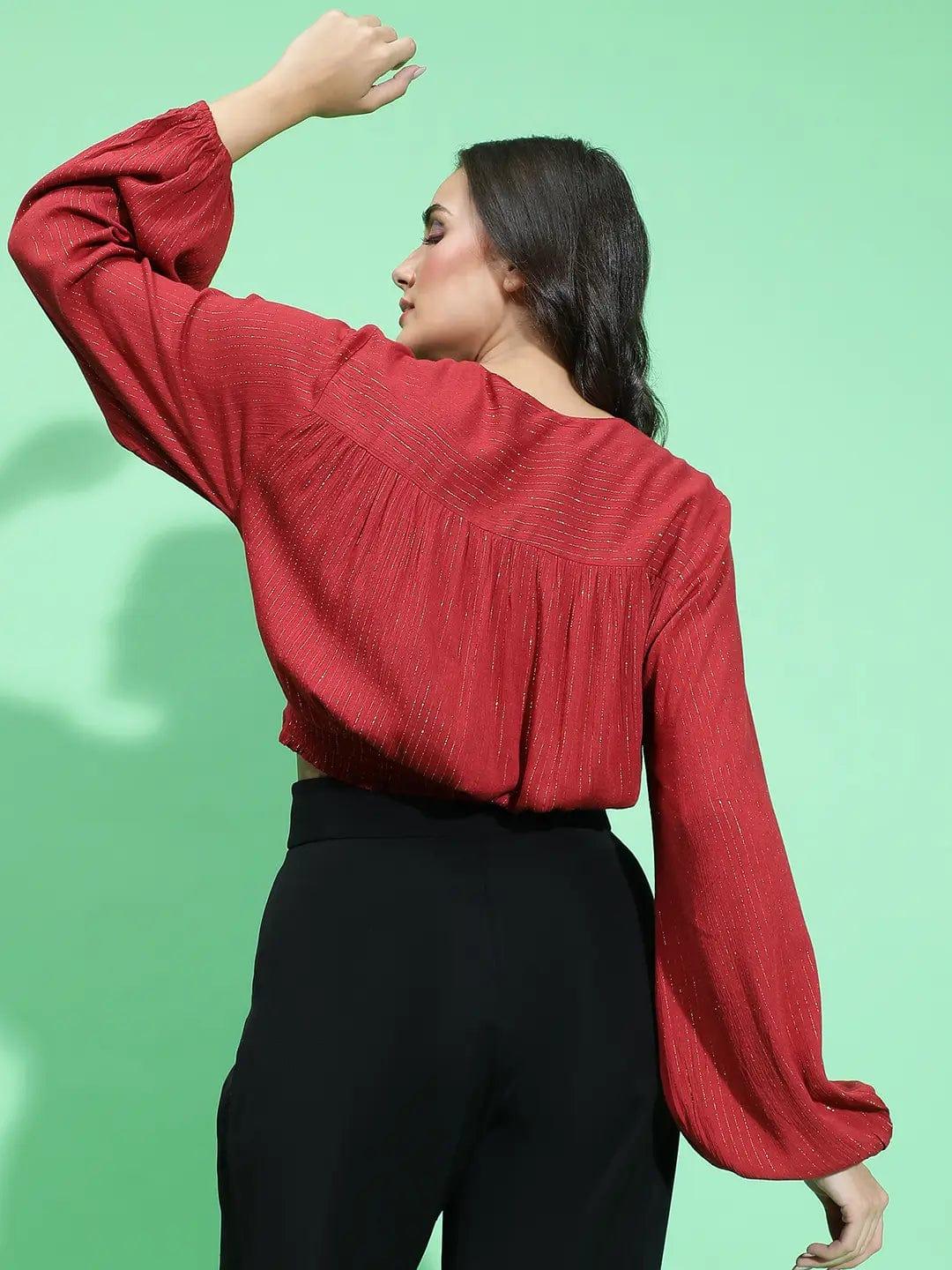 Brick Red Long Sleeve Twist Knot Glittery Crop Top