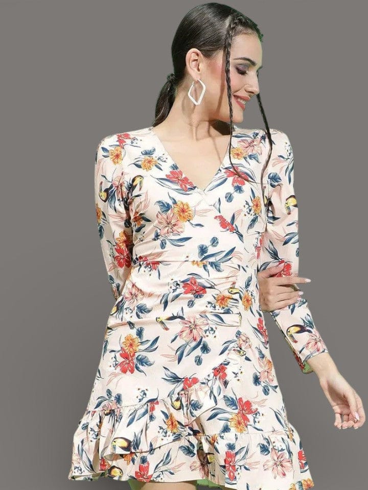 Floral Wrap Dress - Multicolor Long Sleeve Polyester Casual Day Dress