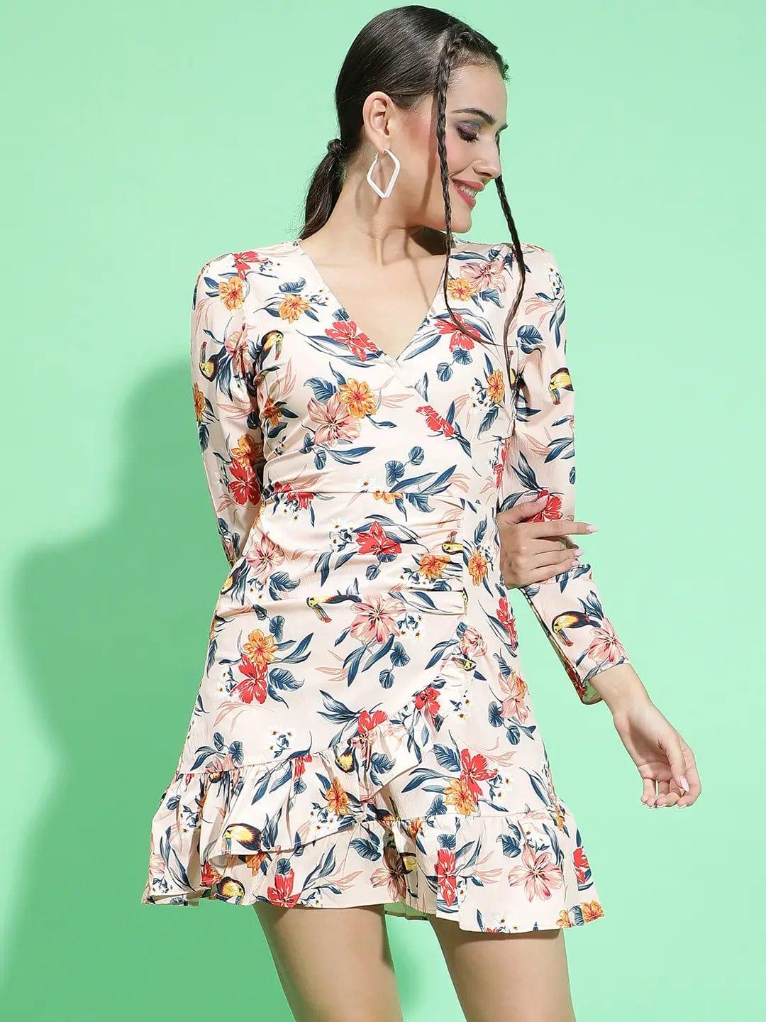 Multicolor Floral Print Long Sleeve Wrap Style Women Dress Available