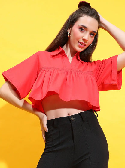 Rose Red Open Collared &amp; Flared Short Sleeve Crop Top