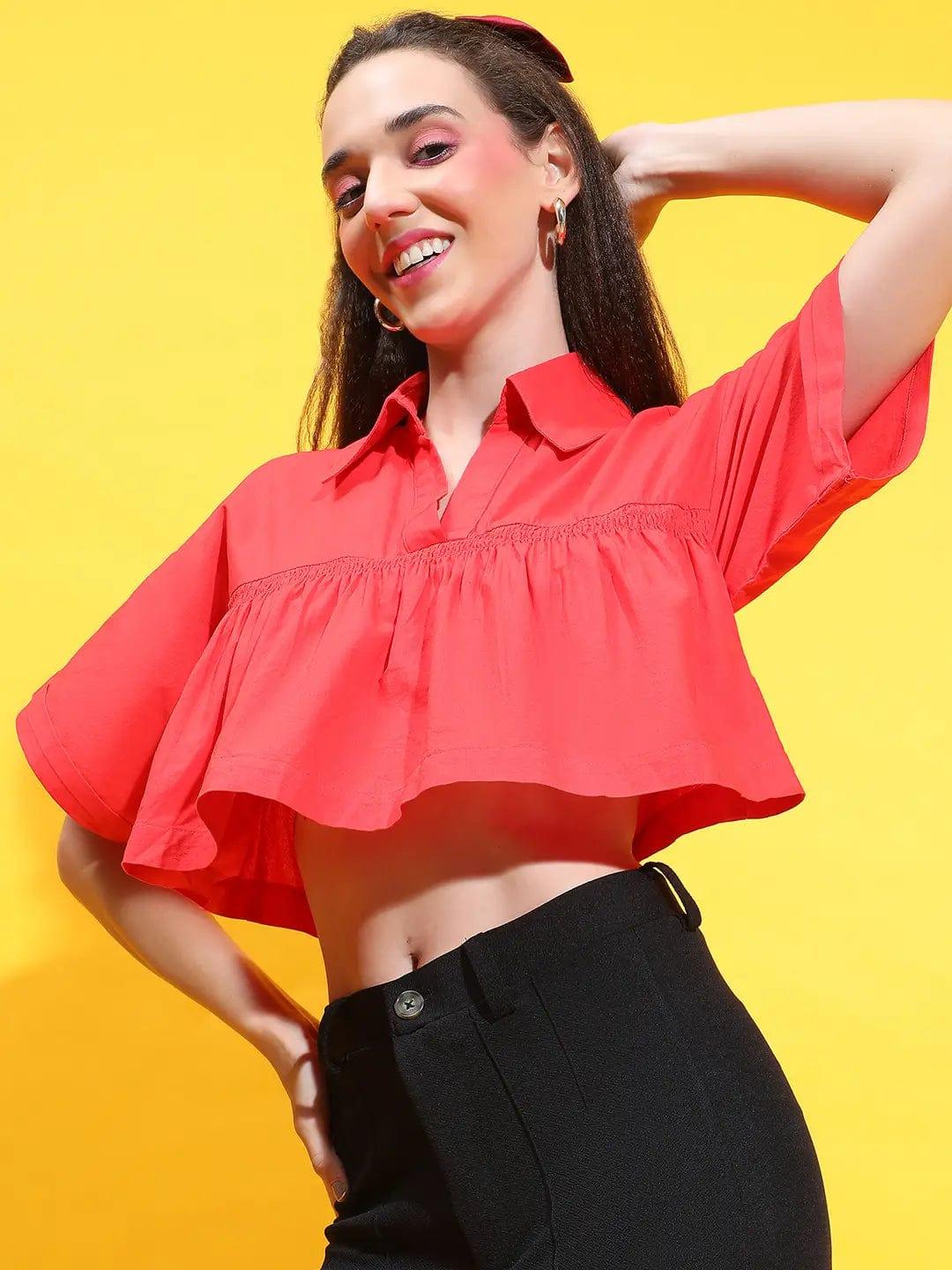 Rose Red Open Collared & Flared Short Sleeve Crop Top