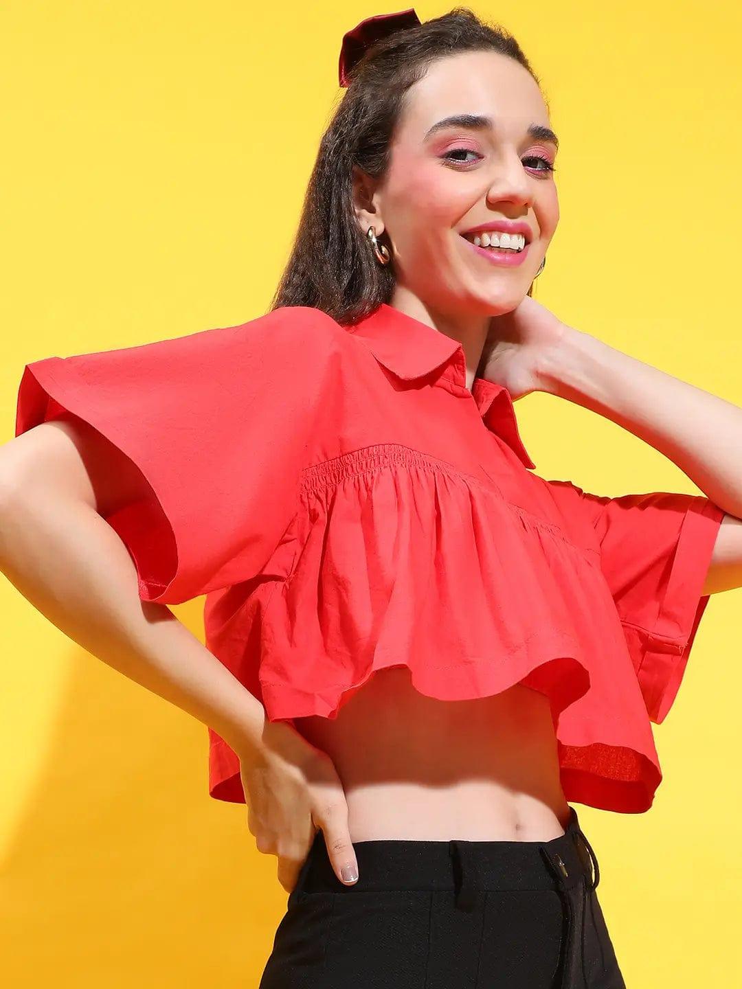 Rose Red Open Collared & Flared Short Sleeve Crop Top