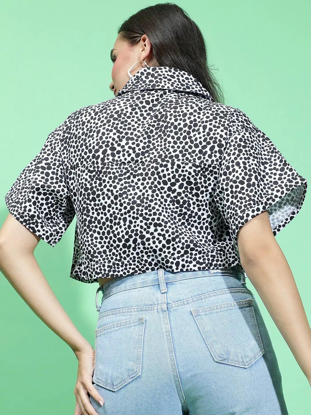 Strong Black Animal Print Open Collared Short Sleeve Crop Top