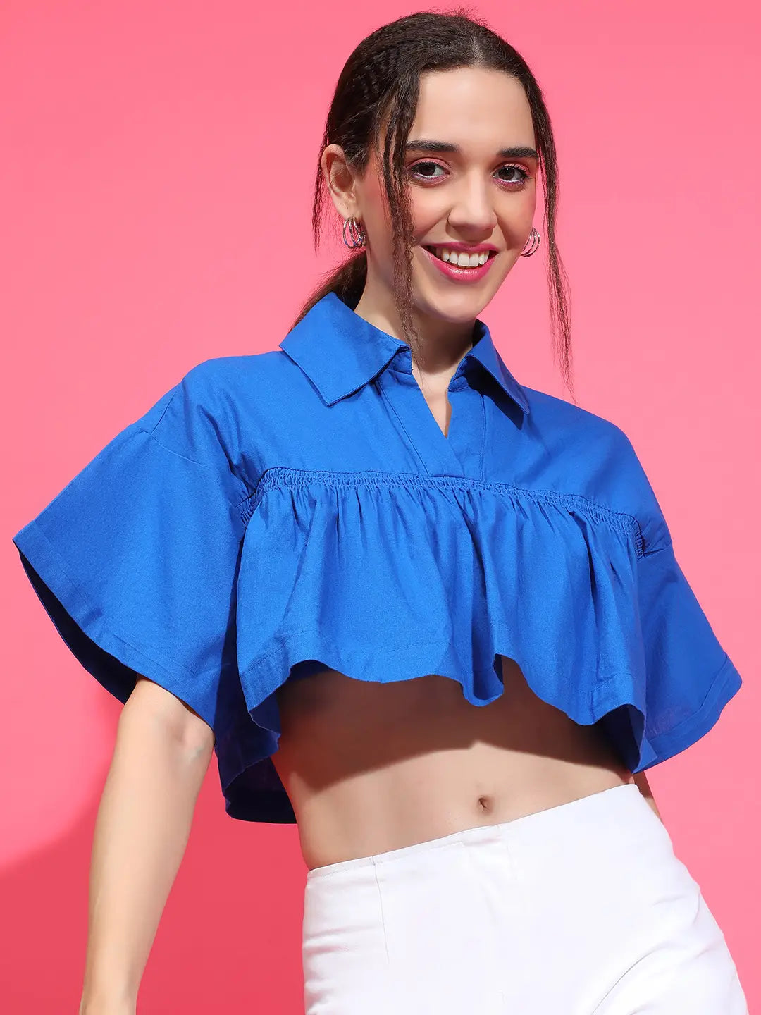 Bold Blue Open Collared &amp; Flared Short Sleeve Crop Top