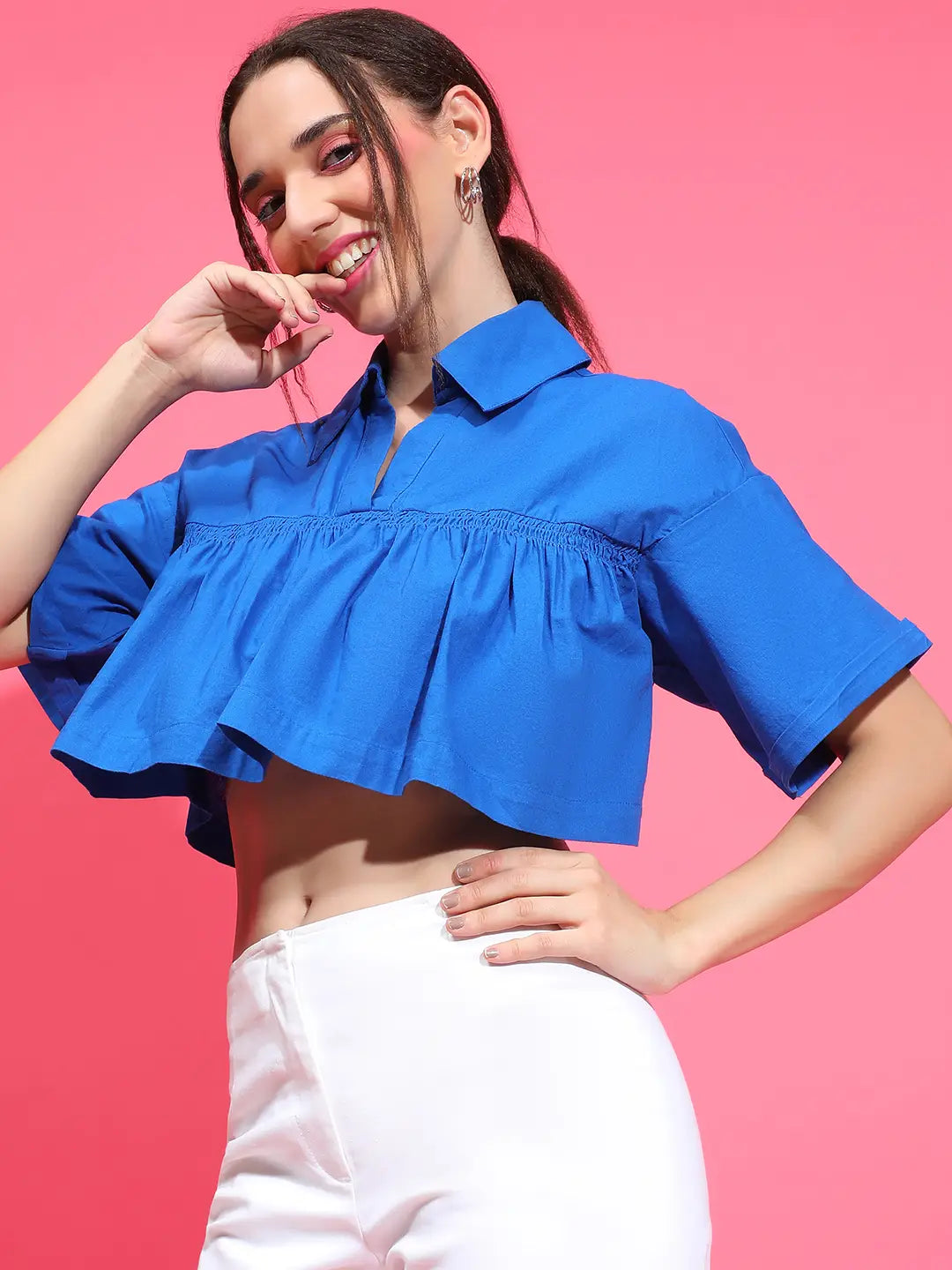 Bold Blue Open Collared &amp; Flared Short Sleeve Crop Top