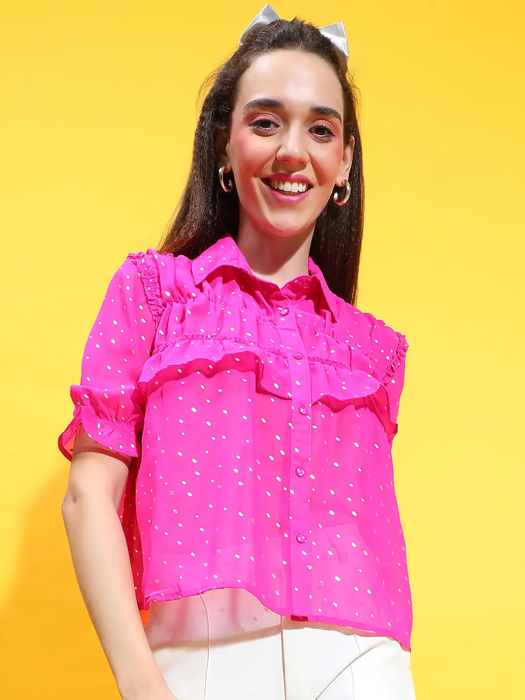 Pink Glam Collared 3/4 Bell Sleeves Ruffle Detail Glittery Shirt