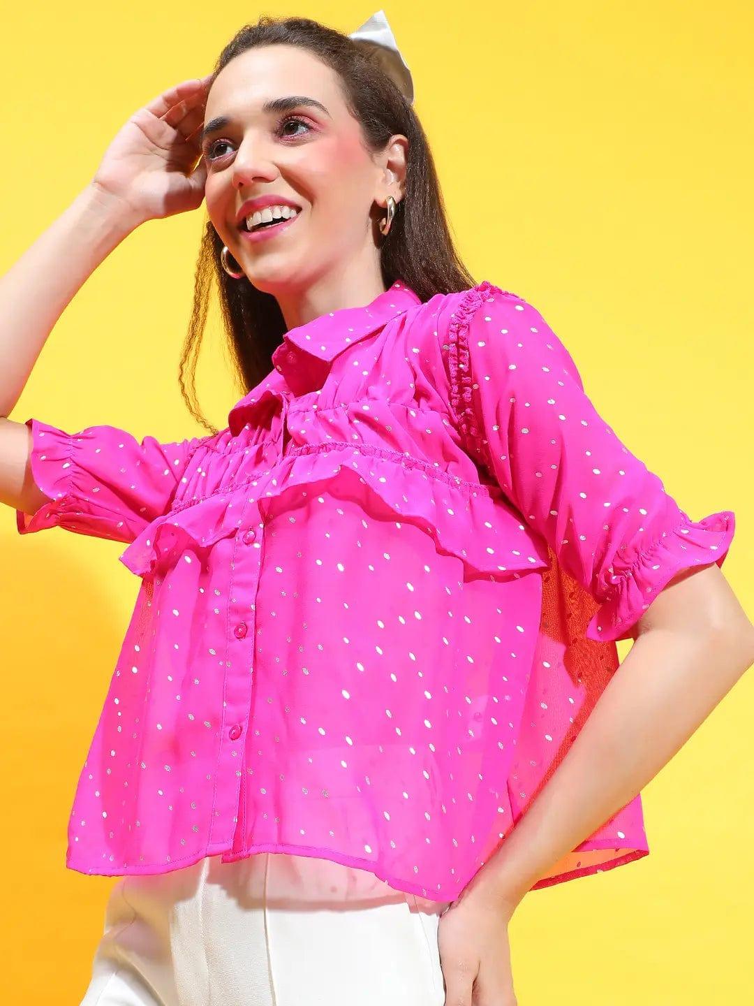 Pink Glam Collared 3/4 Bell Sleeves Ruffle Detail Glittery Shirt