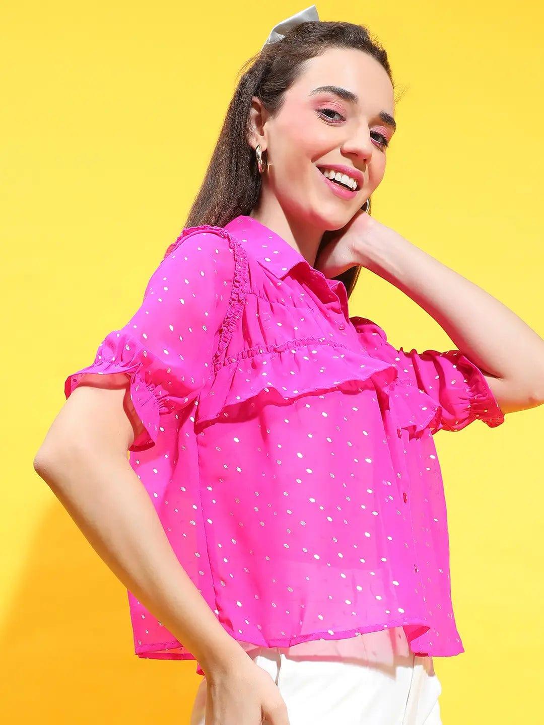 Pink Glam Collared 3/4 Bell Sleeves Ruffle Detail Glittery Shirt