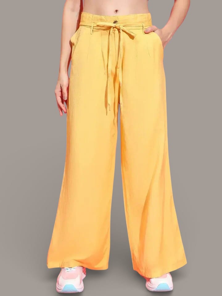 Beamy Yellow Elasticated Waist With Tie-Knot Detail Cotton Women Trouser