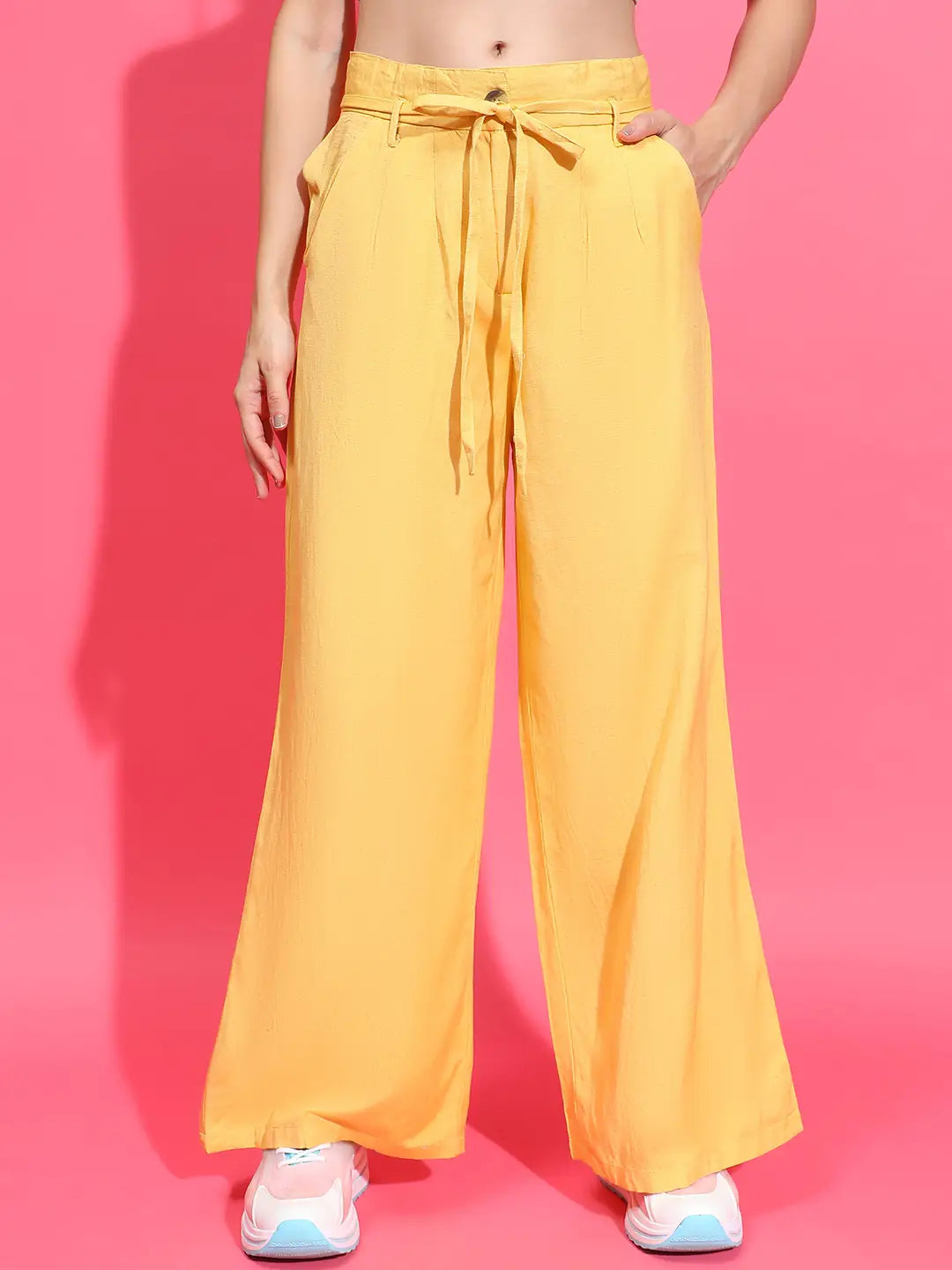 Beamy Yellow Elasticated Waist With Tie-Knot Detail Cotton Pant