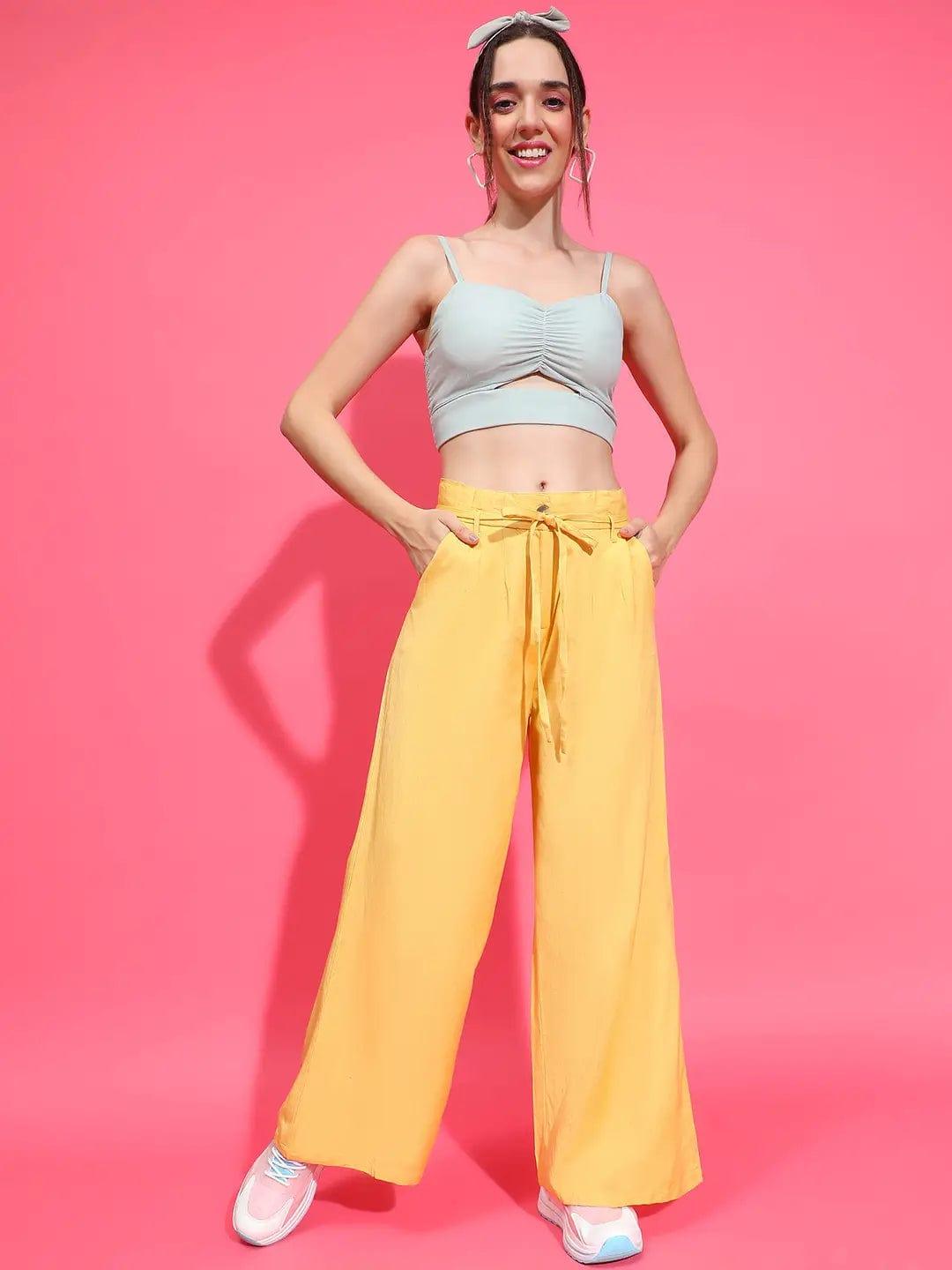 Beamy Yellow Elasticated Waist With Tie-Knot Detail Cotton Women Trouser