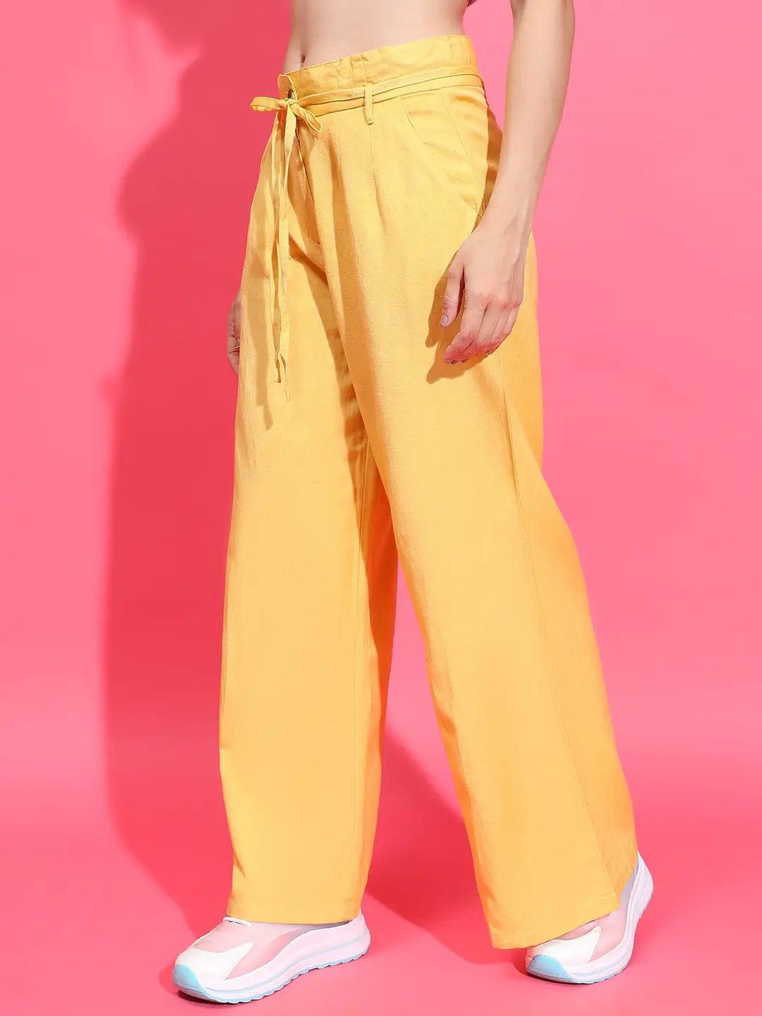 Beamy Yellow Elasticated Waist With Tie-Knot Detail Cotton Women Trouser