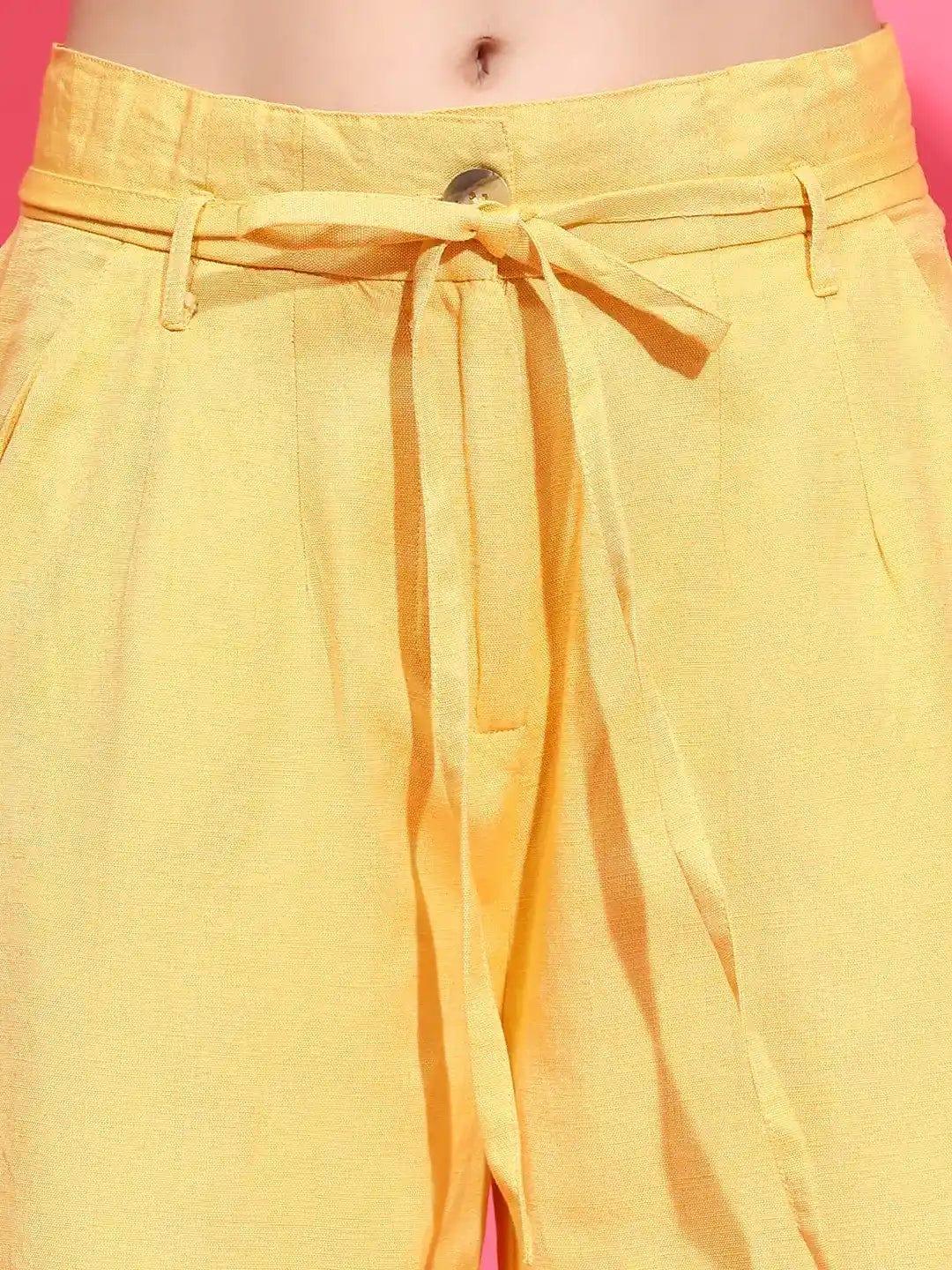 Beamy Yellow Elasticated Waist With Tie-Knot Detail Cotton Women Trouser