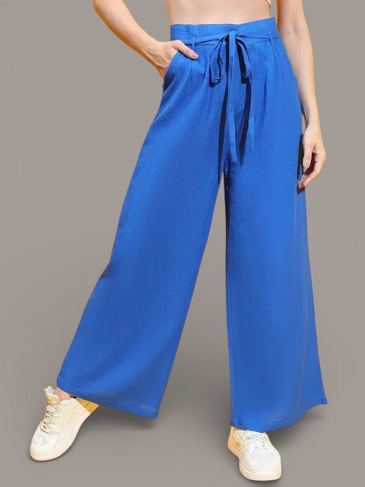 Wavy Blue Elasticated Waist Tie-Knot Detail Pant For Women Trouser