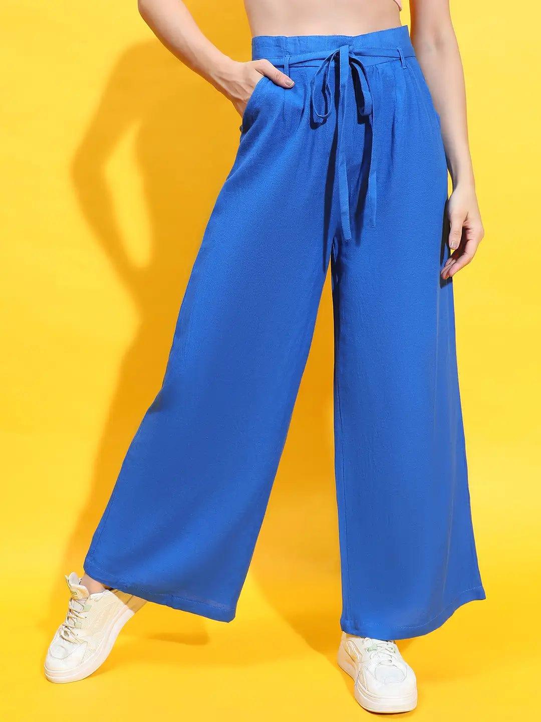 Wavy Blue Elasticated Waist Tie-Knot Detail Pant For Women Trouser