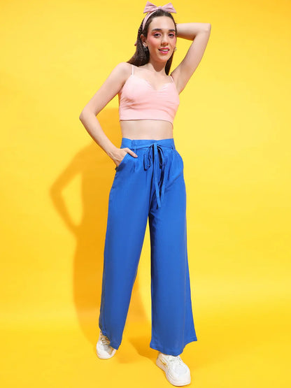 Wavy Blue Elasticated Waist Tie-Knot Detail Pant For You