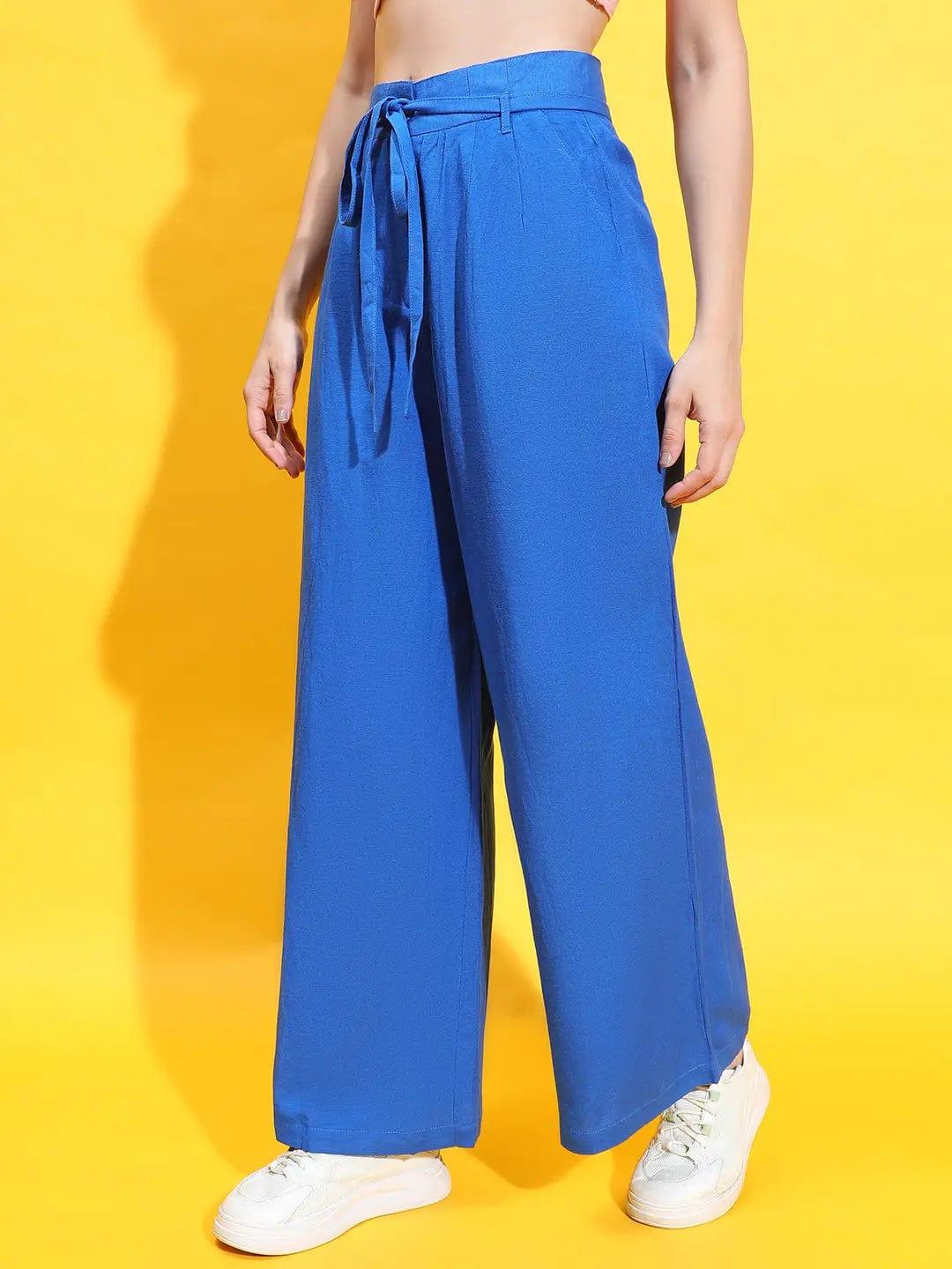 Wavy Blue Elasticated Waist Tie-Knot Detail Pant For Women Trouser