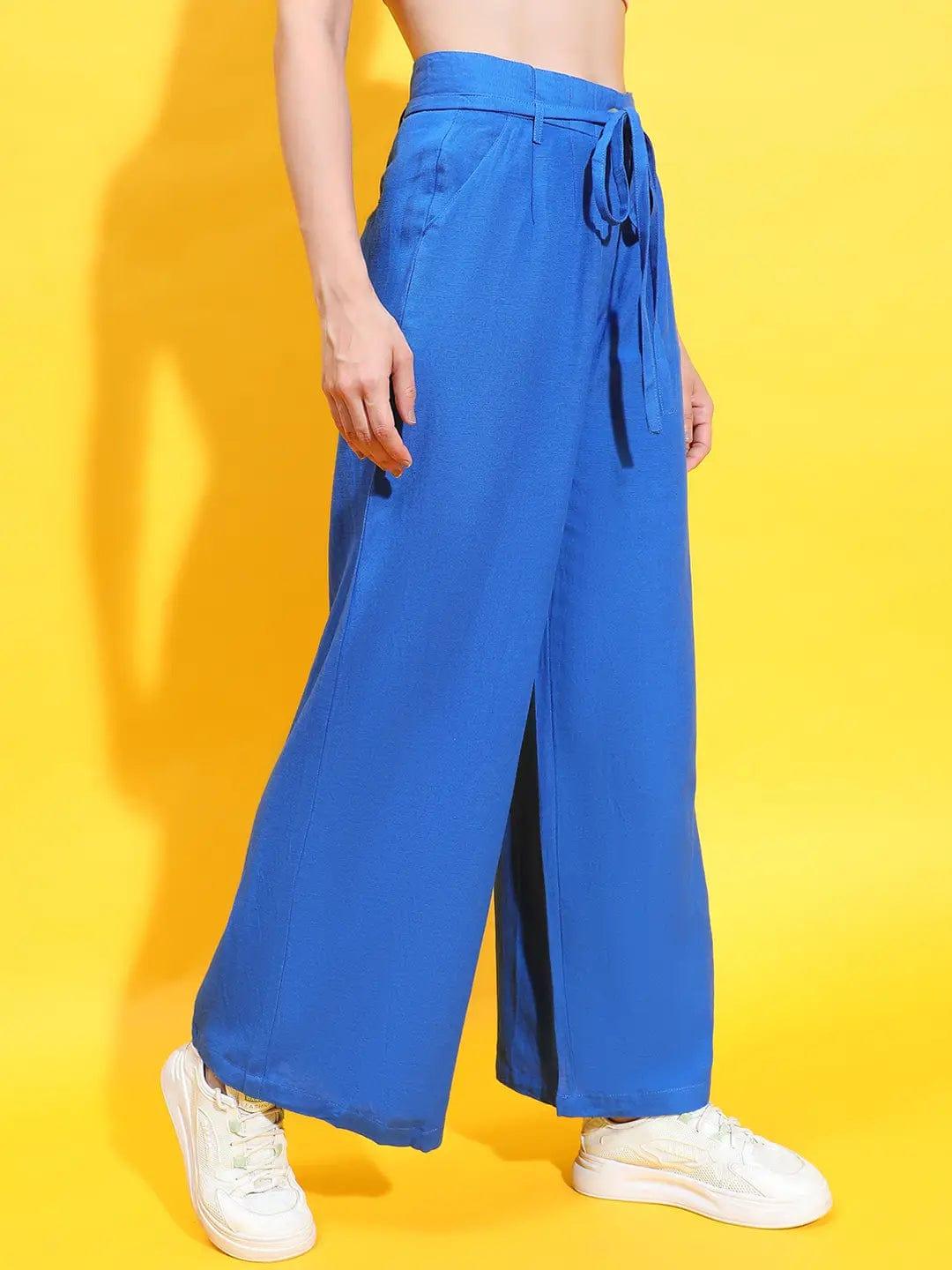 Wavy Blue Elasticated Waist Tie-Knot Detail Pant For Women Trouser