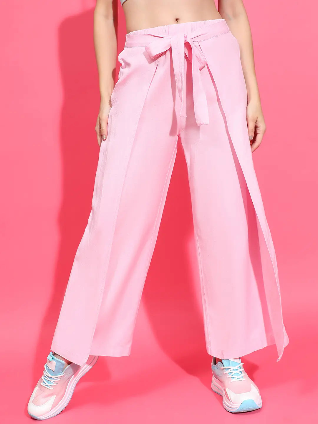 Flossy Pink Elasticated Waist Tie-Knot Detail Wrap Style Pant