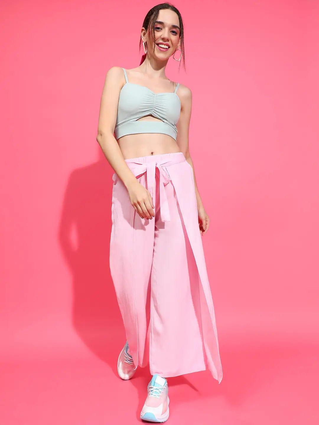 Flossy Pink Elasticated Waist Tie-Knot Detail Wrap Style  Women Trouser