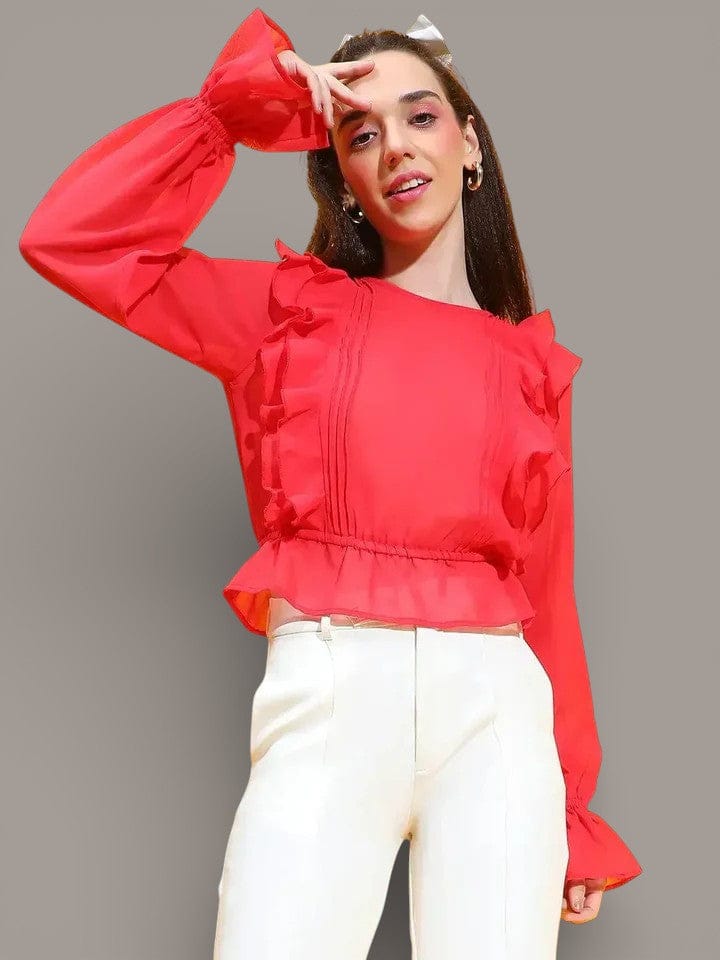 Red Ruffle Sleeve Top - Women's Bell Sleeve Casual Crop Top With Round Neck