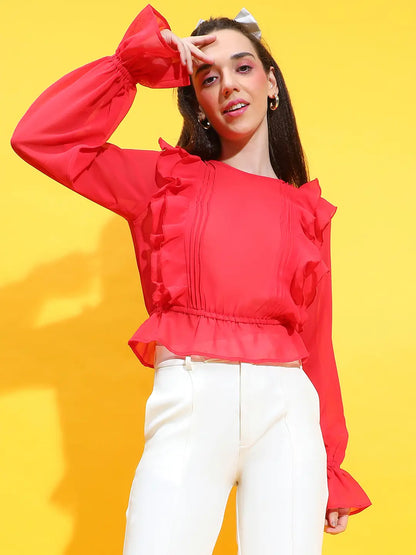 Mozic Red Round Neck Long Bell Sleeve Ruffle Detail Top