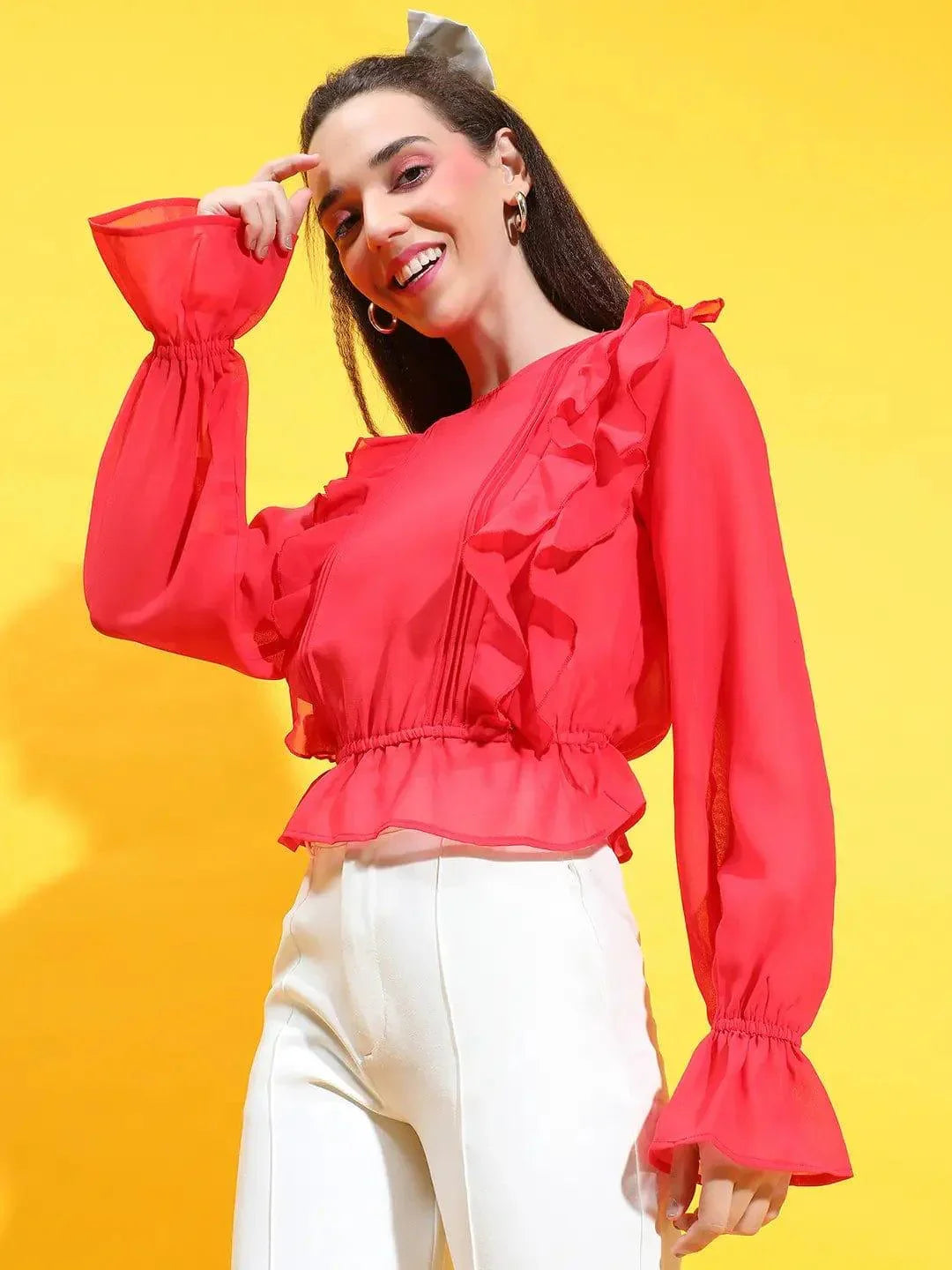 Mozic Red Round Neck Long Bell Sleeve Ruffle Detail Top - oxolloxo