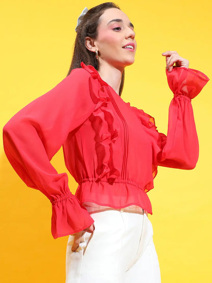 Mozic Red Round Neck Long Bell Sleeve Ruffle Detail Top